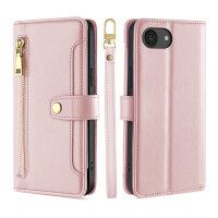 Handykette iPhone 17E Hülle mit Band Handyhülle Kartenfächer PU Leder Umhängetasche Rosa