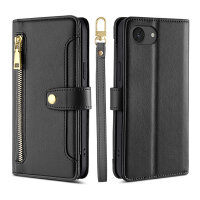 Handykette iPhone 17E Hülle mit Band Handyhülle Kartenfächer PU Leder Umhängetasche Schwarz