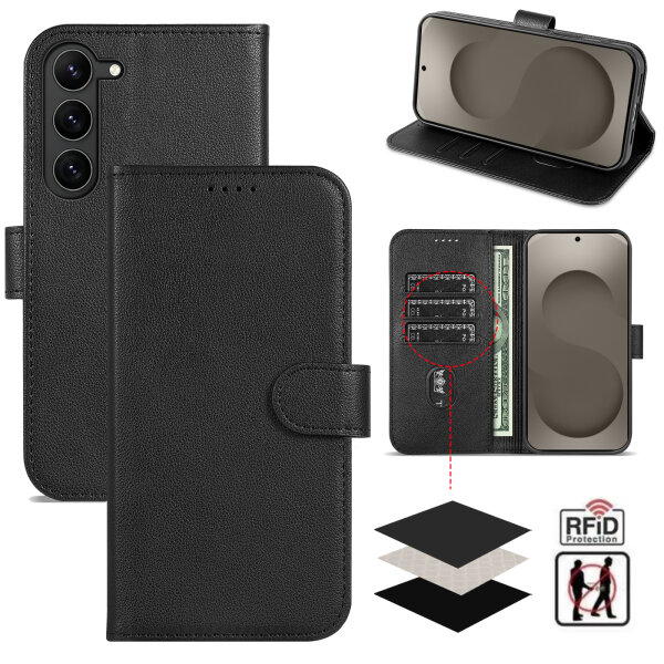 Hülle für Samsung Galaxy S26+ Wallet Case Kartenfächern & Standfunktion in PU Leder Schwarz