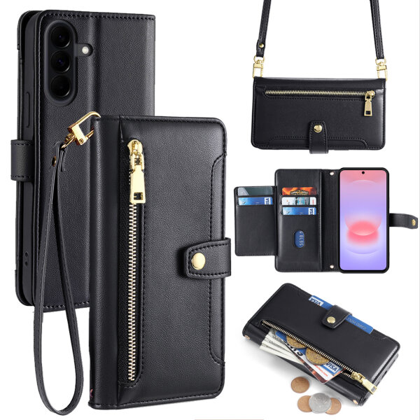 Handykette Samsung Galaxy A37 Hülle mit Band Handyhülle Kartenfächer PU Leder Umhängetasche Schwarz
