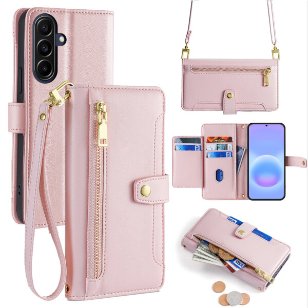 Handykette Samsung Galaxy A57 Hülle mit Band Handyhülle Kartenfächer PU Leder Umhängetasche Rosa